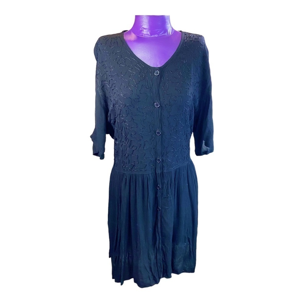 Triple 'A' Collection vintage black embroidered tie waist rayon mini dress L